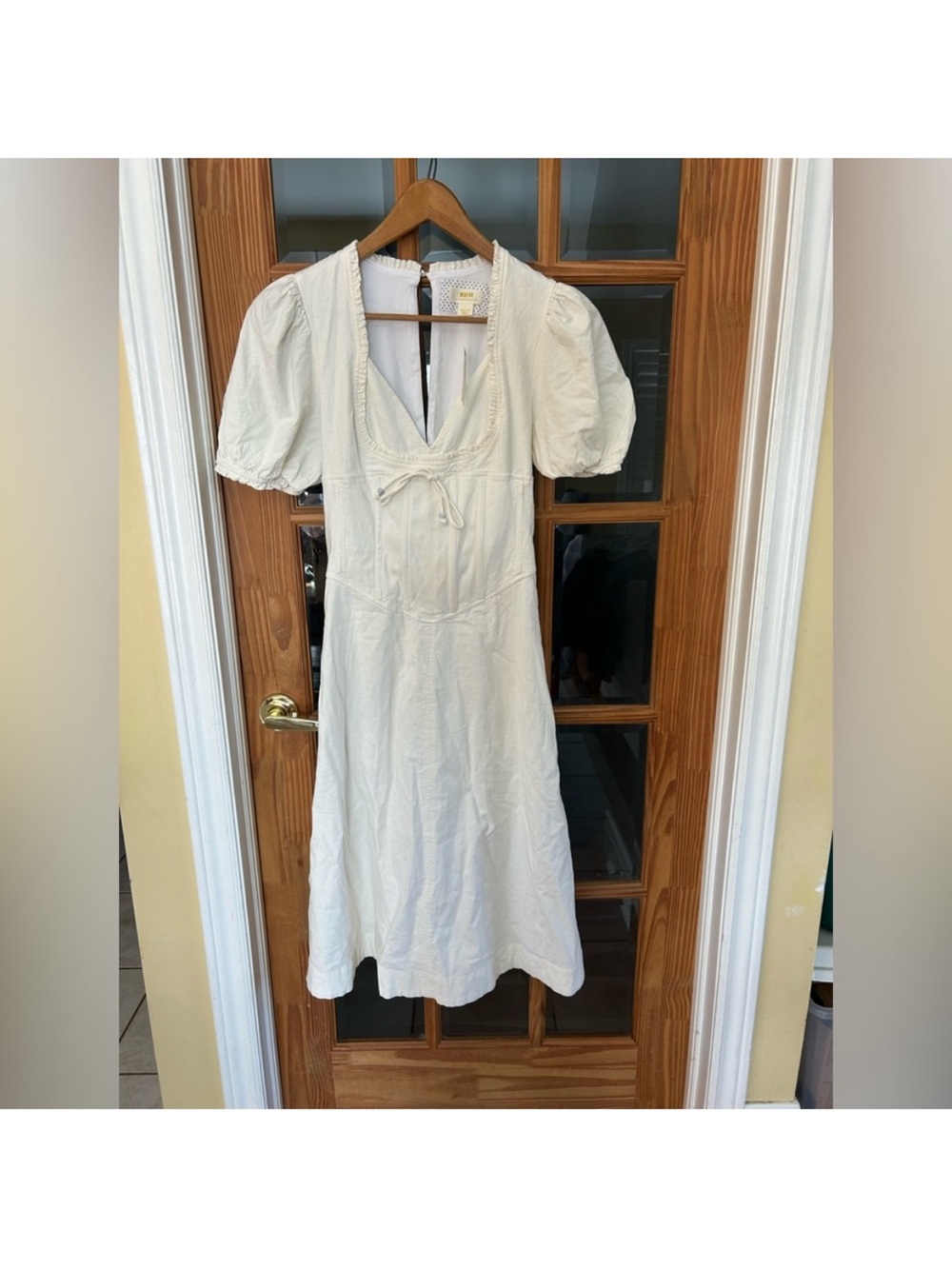 Anthropologie Maeve Puff-Sleeve Corset Linen Midi Dress